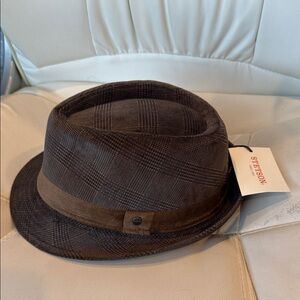 Stetson Dark Brown Fedora plaid Polyester Hat NEW